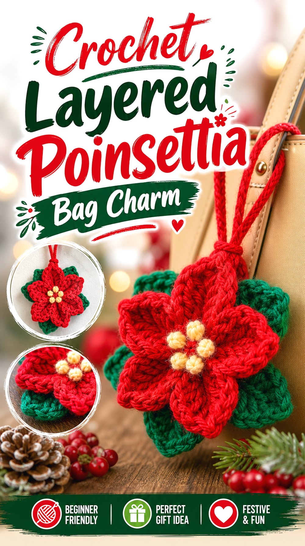 Crochet Layered Poinsettia Bag Charm
