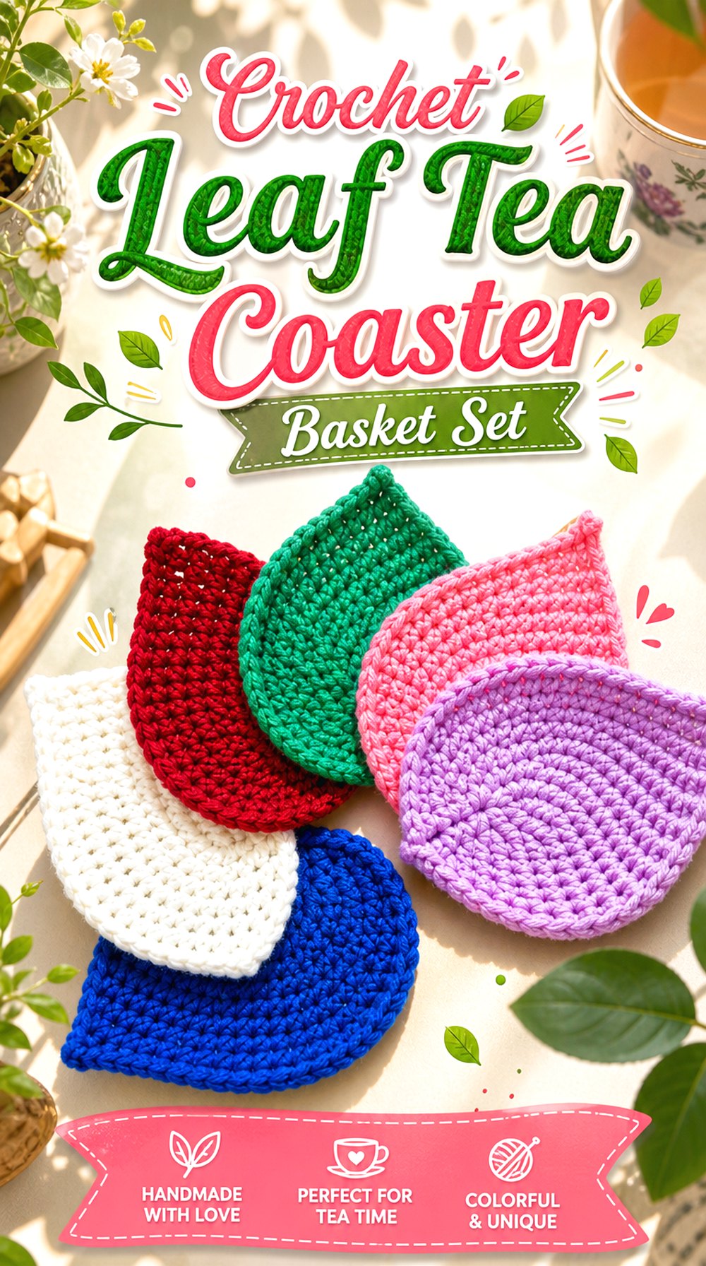 Crochet Leaf Tea Coaster Basket Set