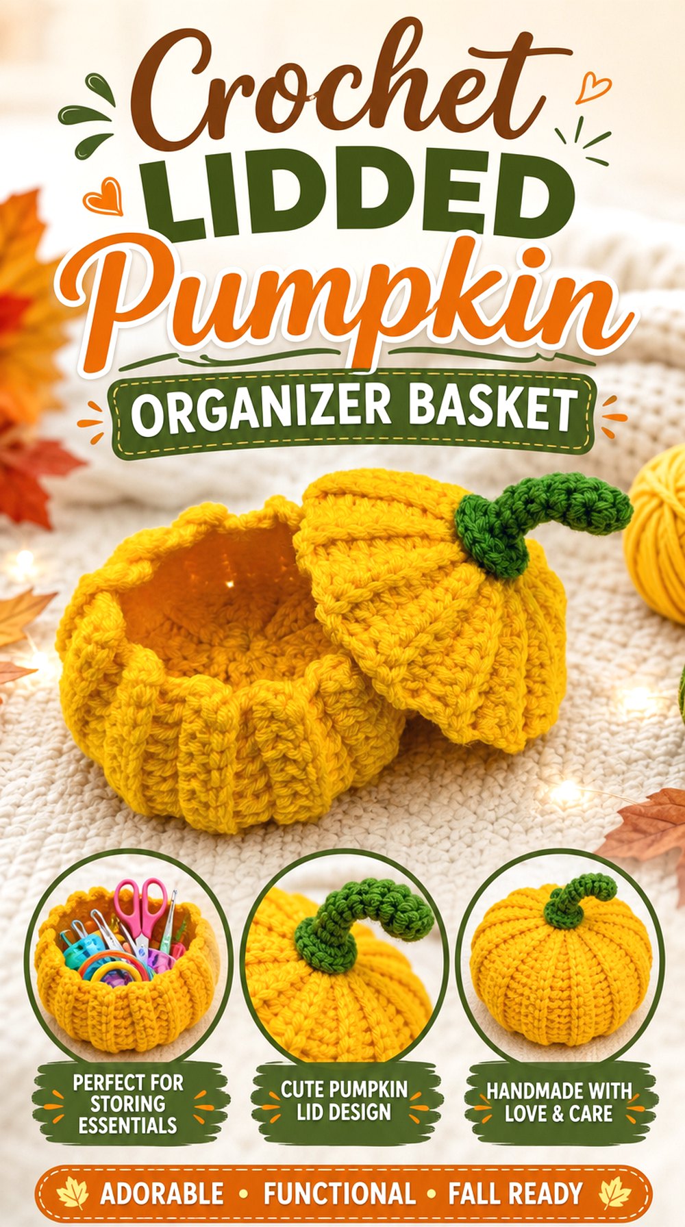 Crochet Lidded Pumpkin Organizer Basket