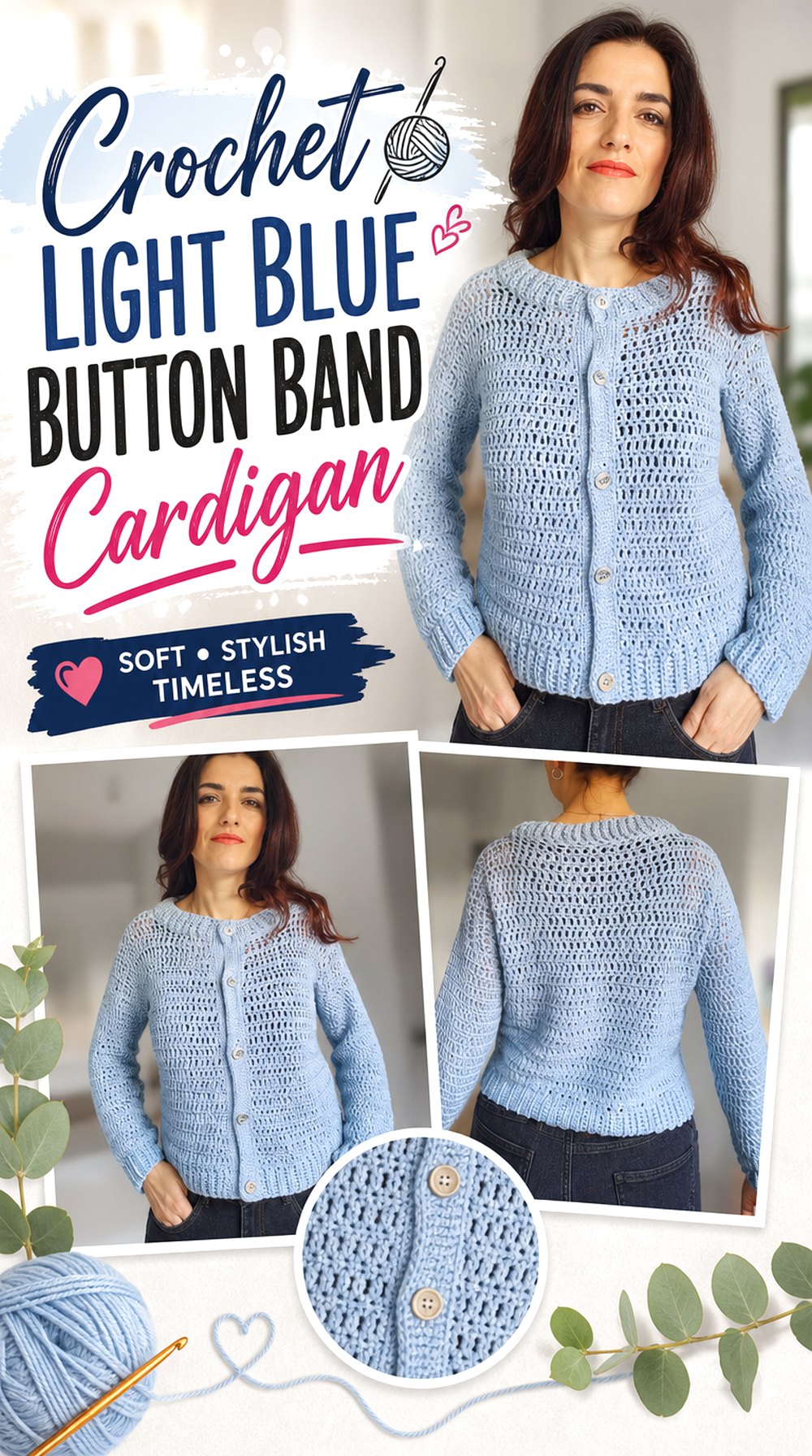Crochet Light Blue Button Band Cardigan