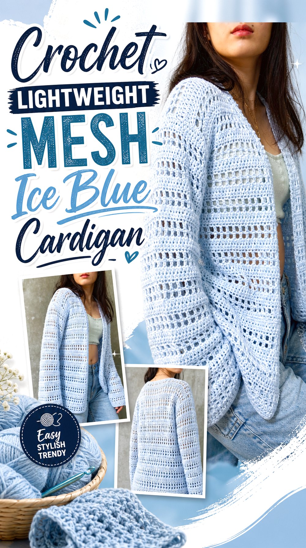 Crochet Lightweight Mesh Ice Blue Cardigan