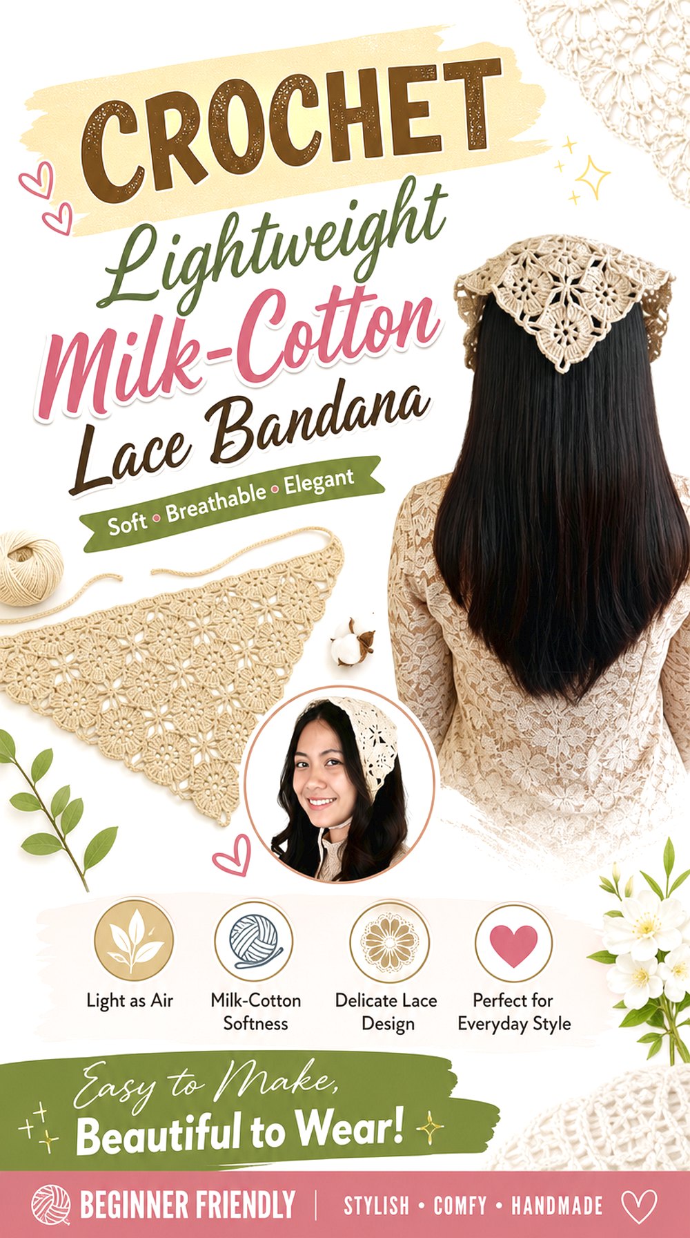 Crochet Lightweight Milk Cotton Lace Bandana
