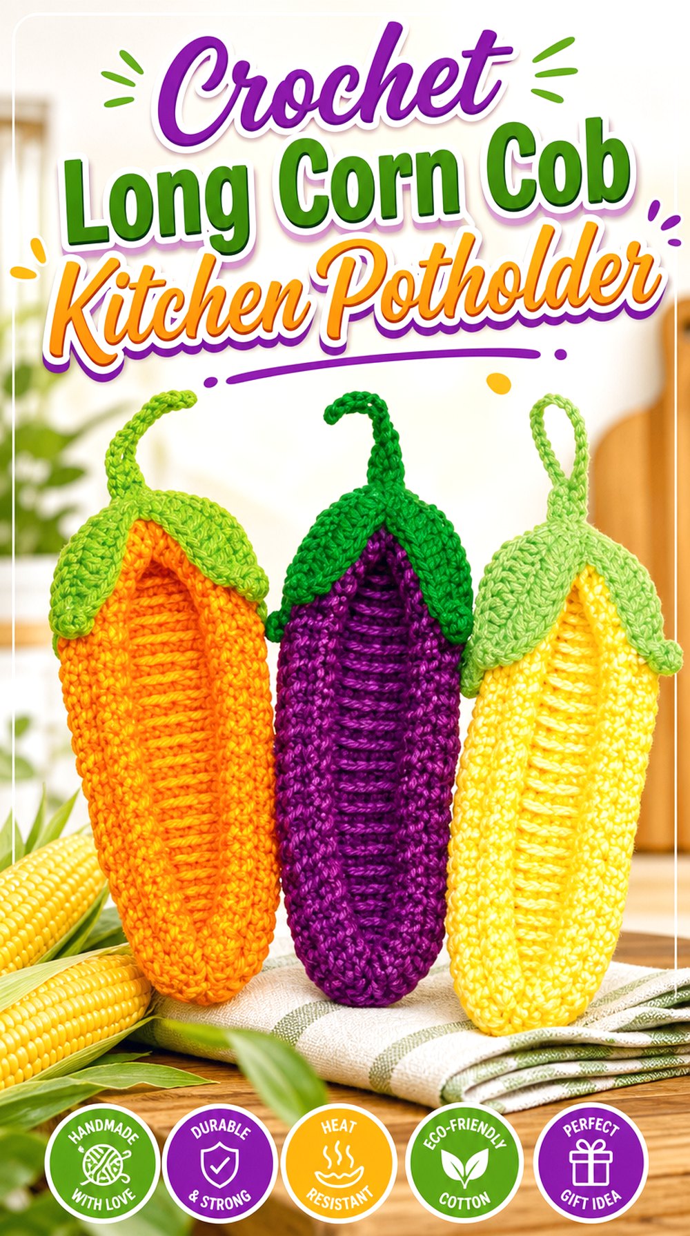 Crochet Long Corn Cob Kitchen Potholder