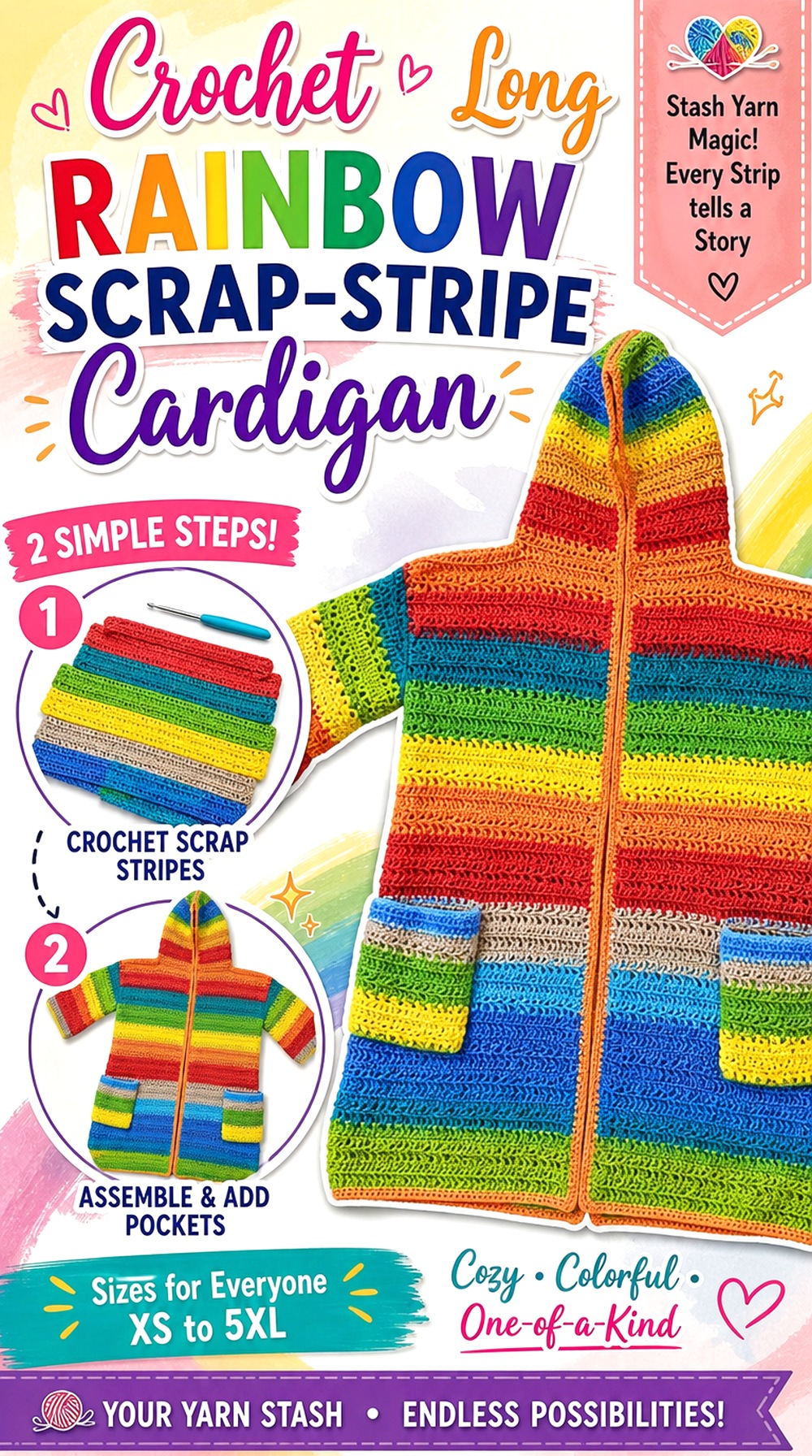 Crochet Long Rainbow Scrap Stripe Cardigan