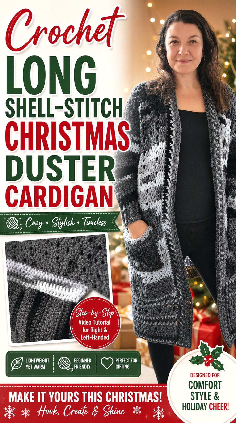 Crochet Long Shell Stitch Christmas Duster Cardigan