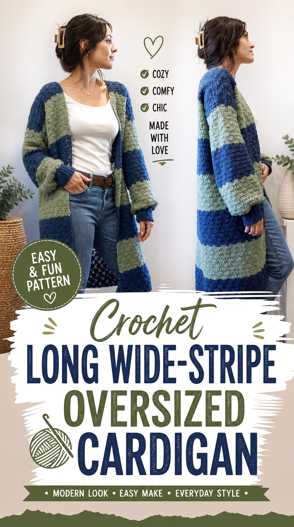 Crochet Long Wide Stripe Oversized Cardigan