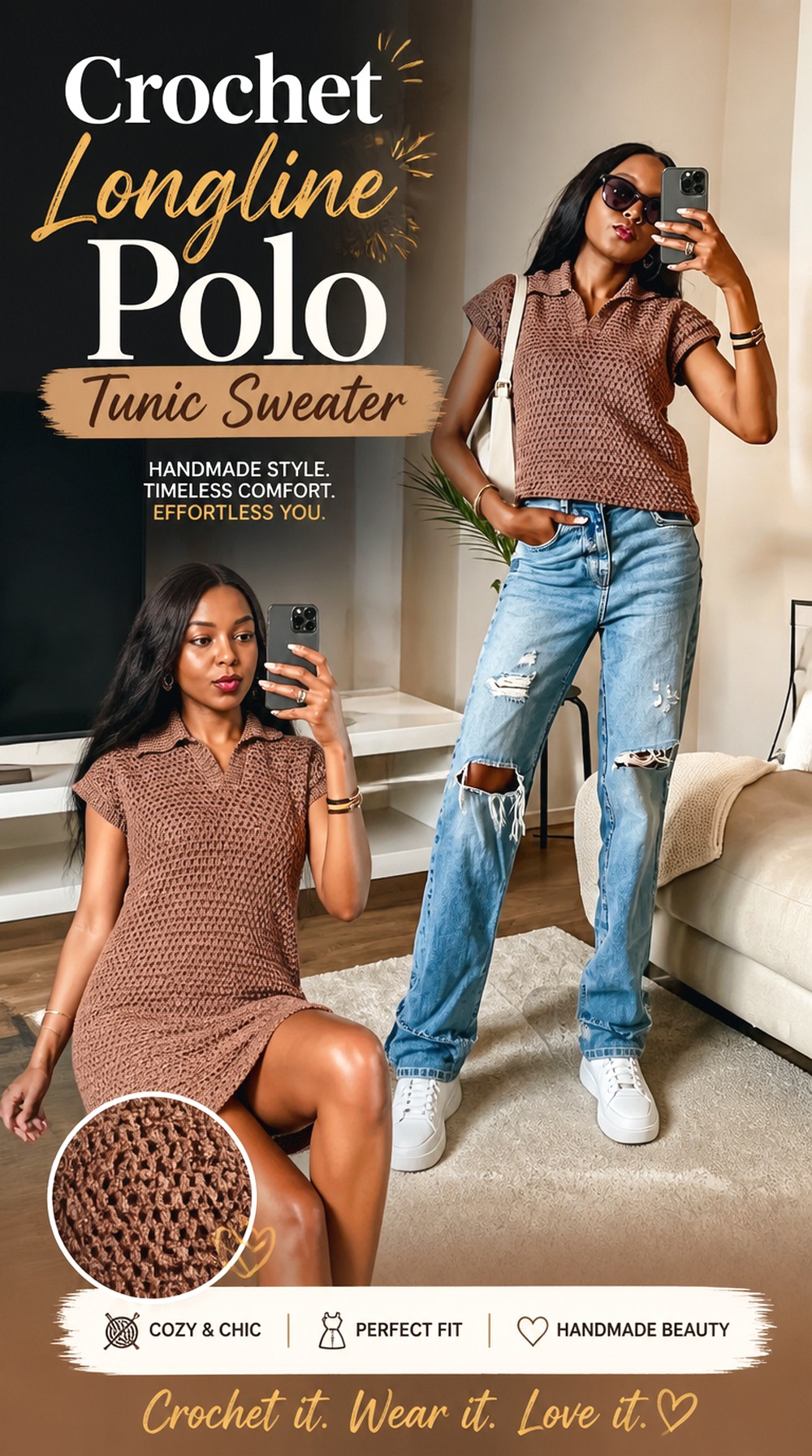 Crochet Longline Polo Tunic Sweater