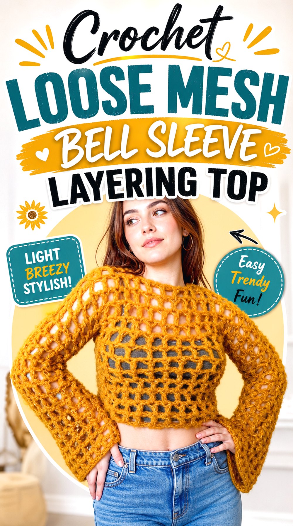 Crochet Loose Mesh Bell Sleeve Layering Top