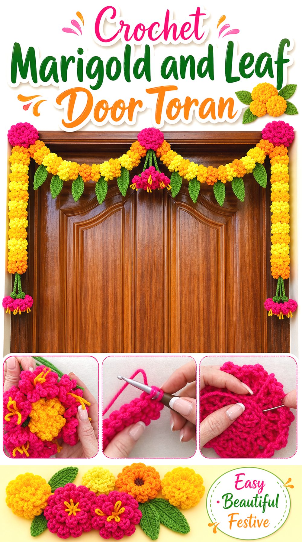 Crochet Marigold and Leaf Door Toran
