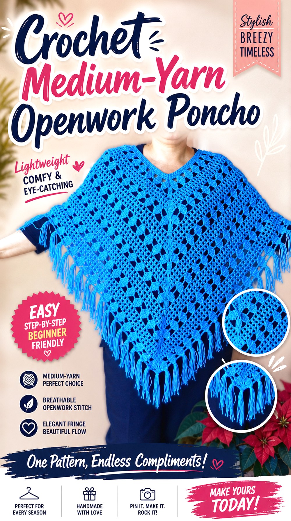 Crochet Medium Yarn Openwork Poncho