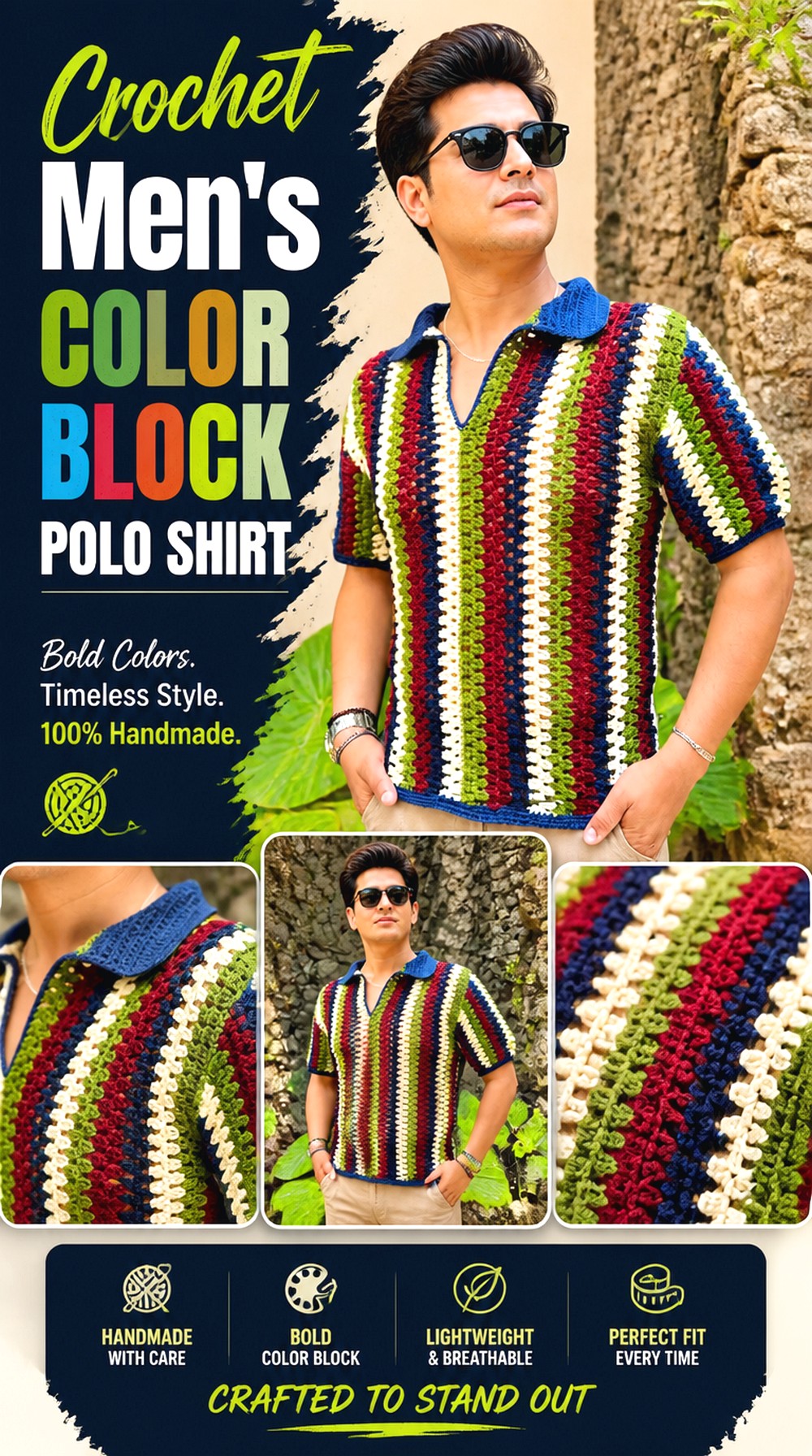 Crochet Men’s Color Block Polo Shirt
