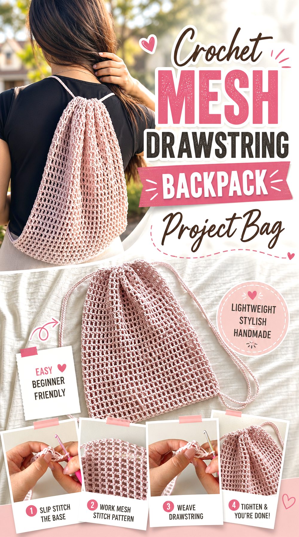 Crochet Mesh Drawstring Backpack Project Bag