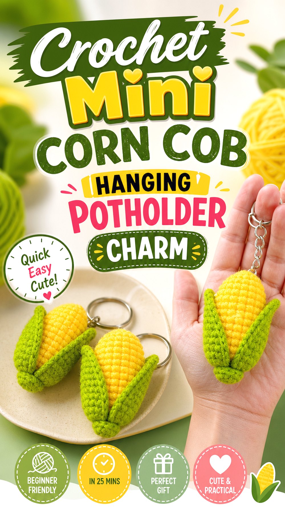 Crochet Mini Corn Cob Hanging Potholder Charm