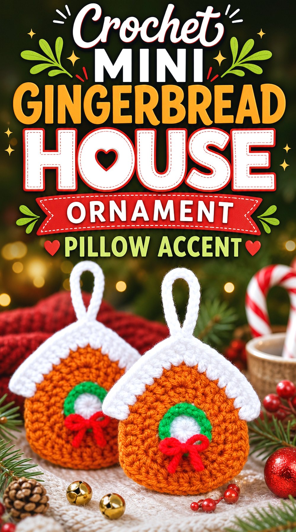 Crochet Mini Gingerbread House Ornament Pillow Accent