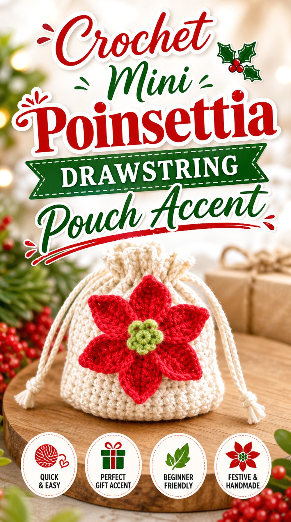 Crochet Mini Poinsettia Drawstring Pouch Accent