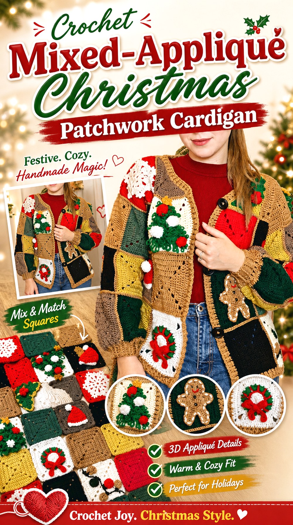 Crochet Mixed Appliqué Christmas Patchwork Cardigan