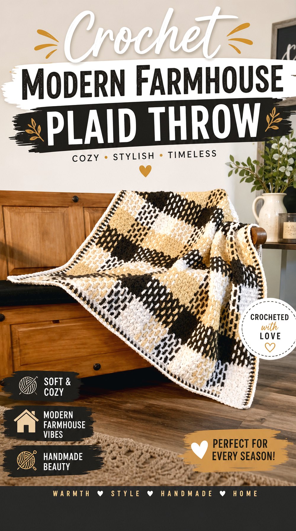 Crochet Modern Farmhouse Plaid Throw