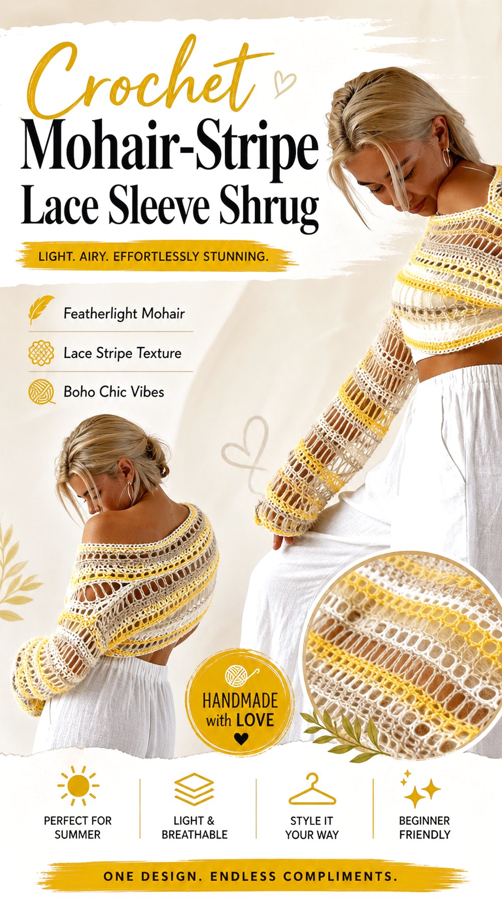 Crochet Mohair Stripe Lace Sleeve Shrug