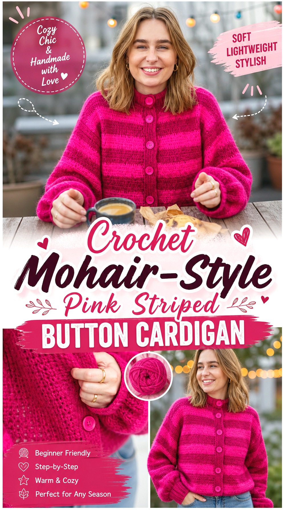 Crochet Mohair Style Pink Striped Button Cardigan