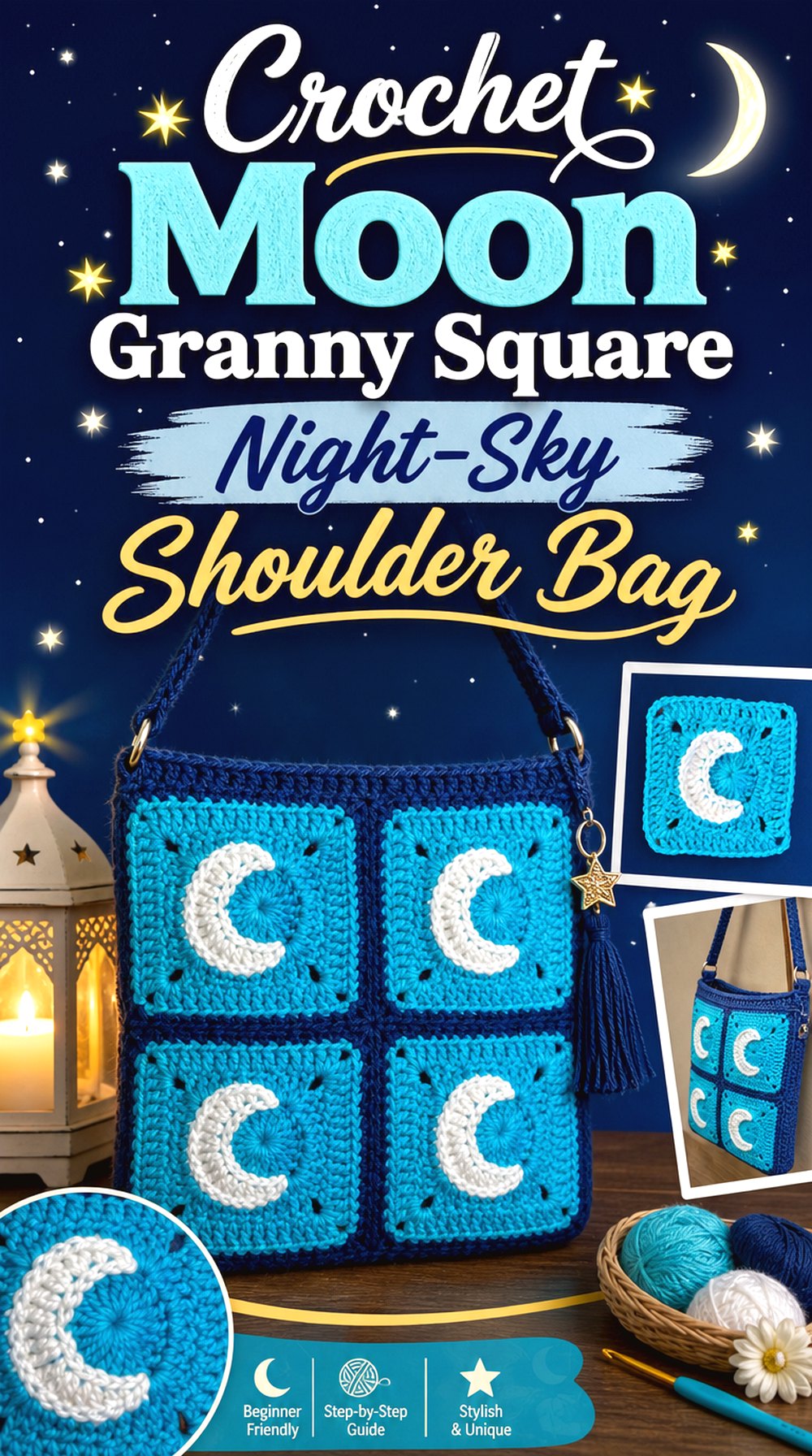 Crochet Moon Granny Square Night Sky Shoulder Bag