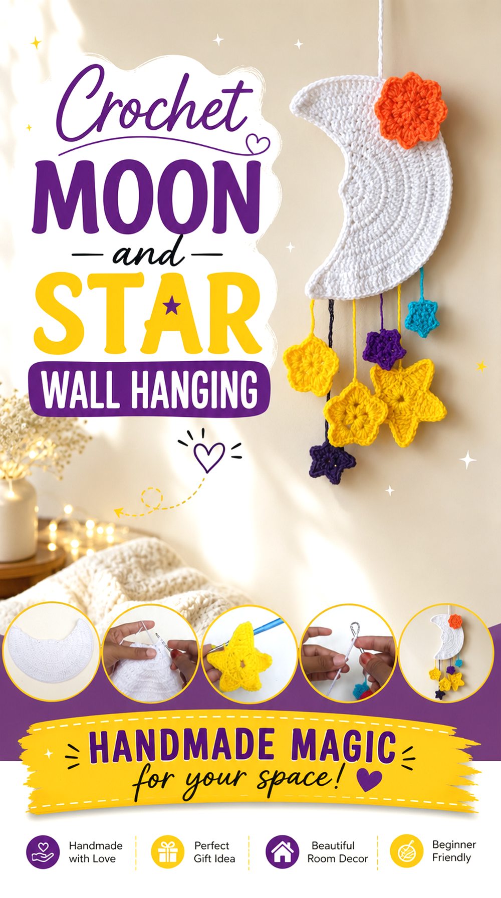 Crochet Moon and Star Wall Hanging