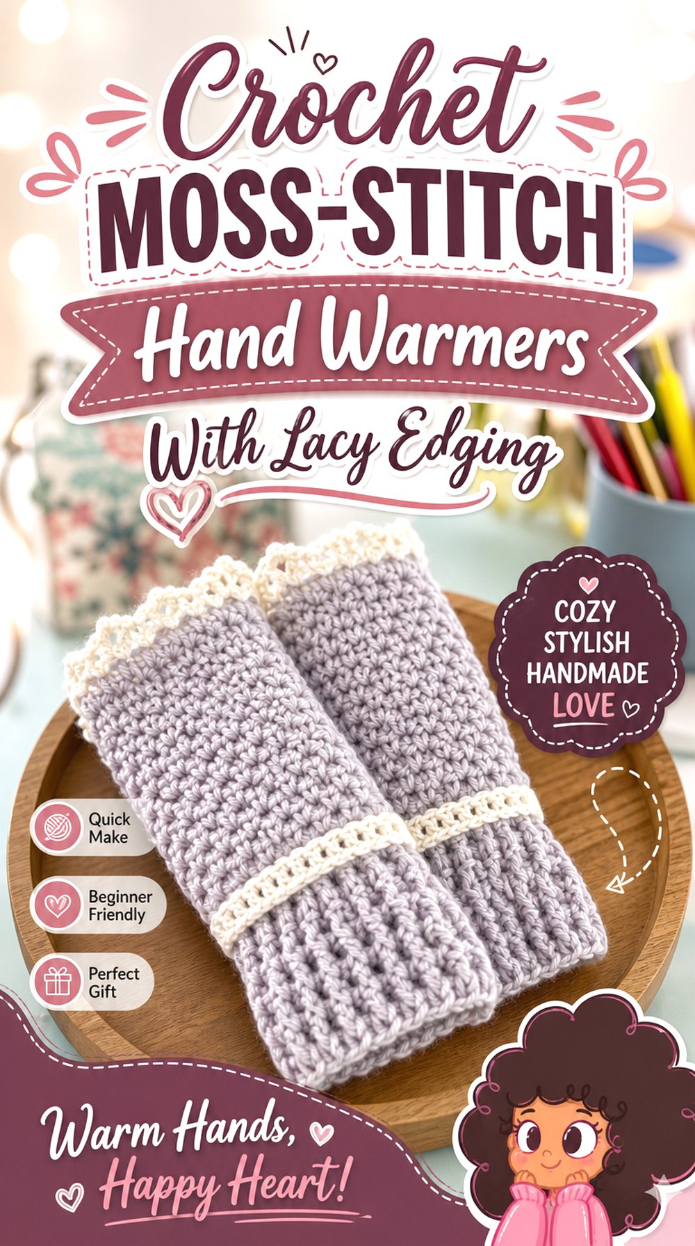Crochet Moss Stitch Hand Warmers With Lacy Edging