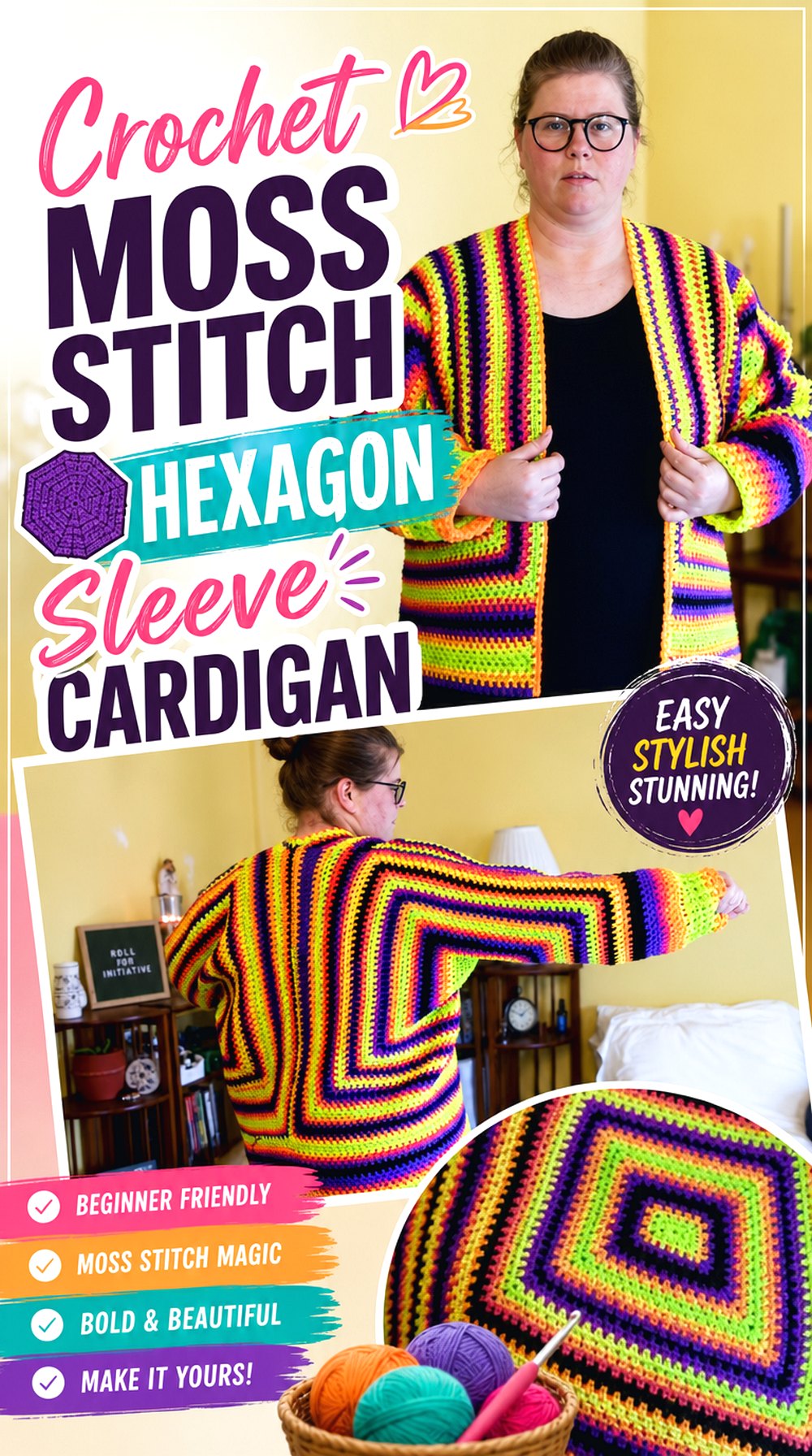 Crochet Moss Stitch Hexagon Sleeve Cardigan