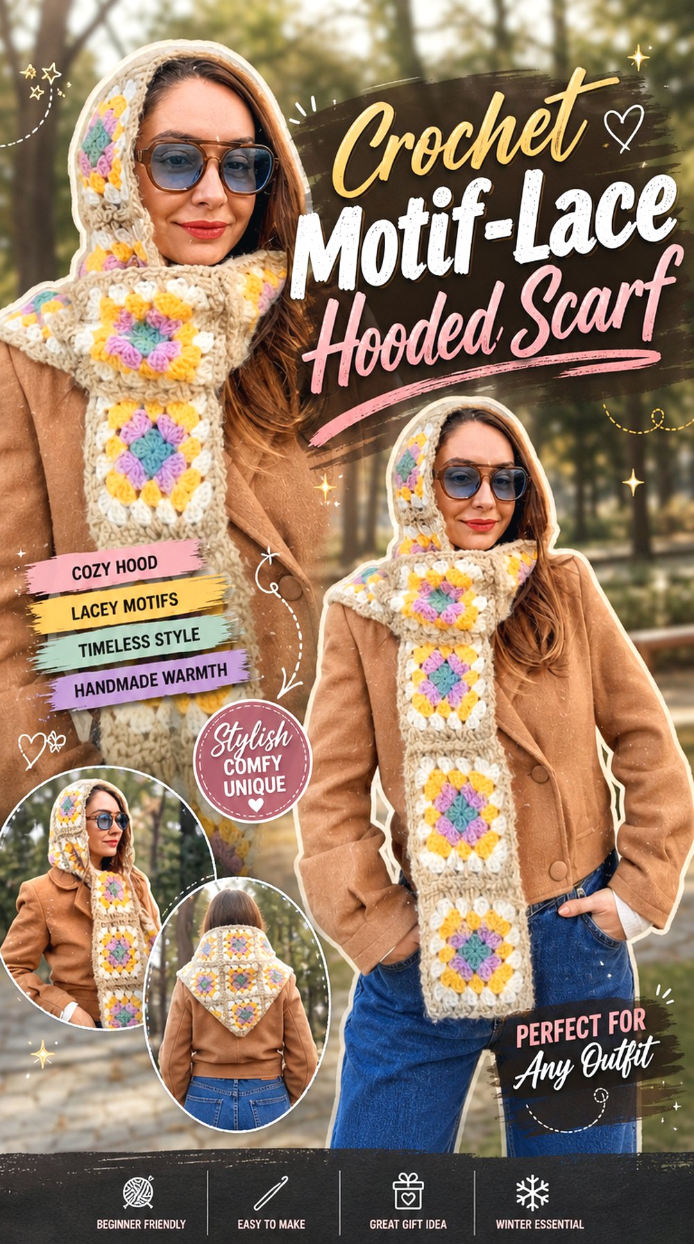 Crochet Motif Lace Hooded Scarf