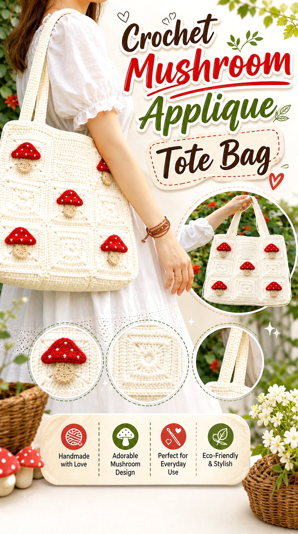 Crochet Mushroom Applique Tote Bag