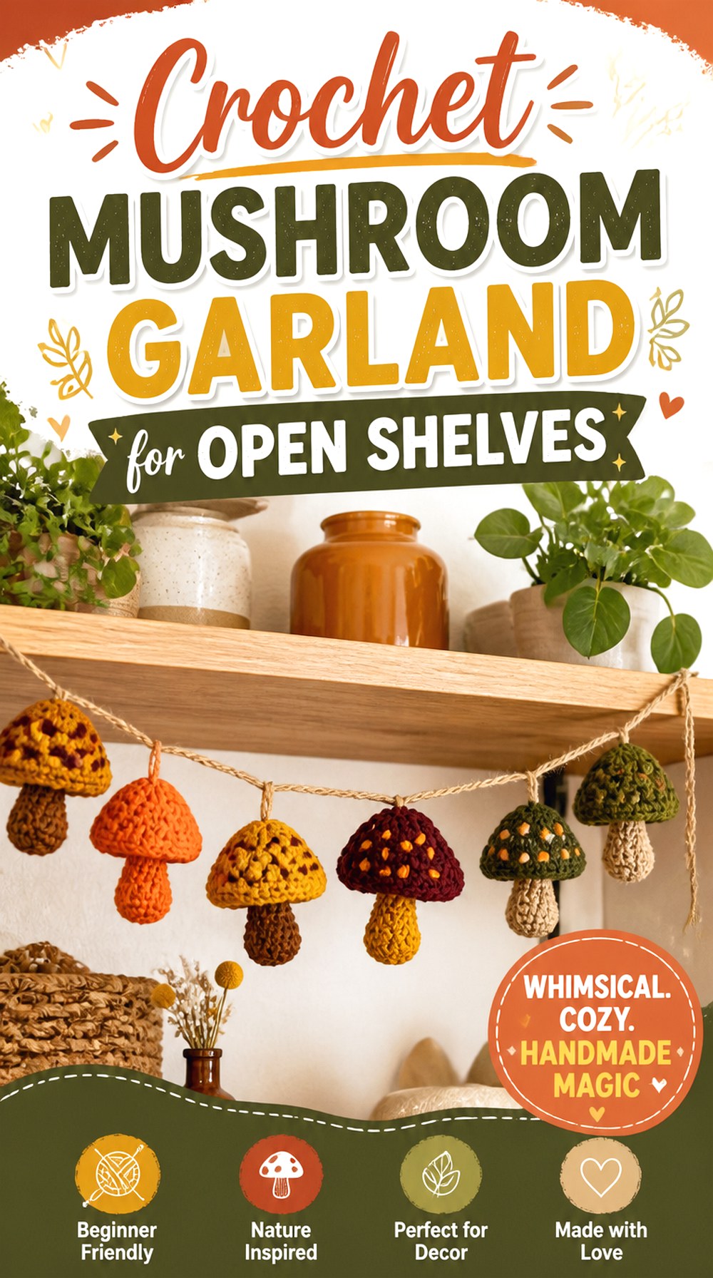 Crochet Mushroom Garland for Open Shelves