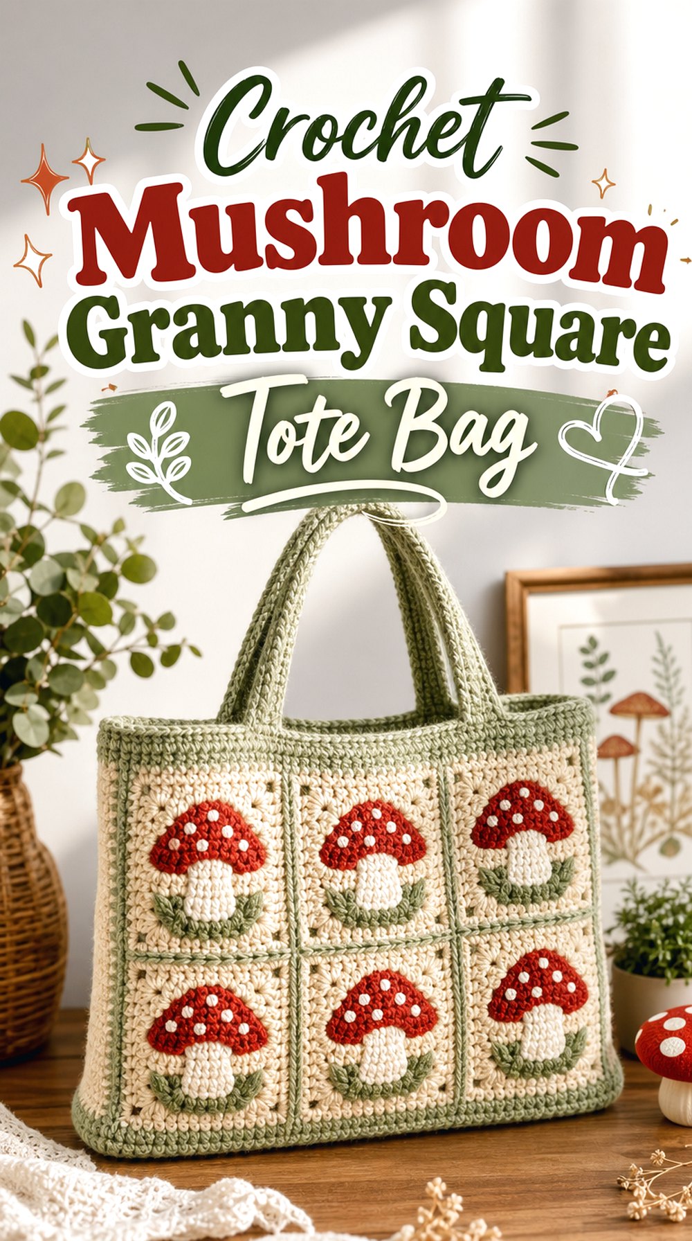 Crochet Mushroom Granny Square Tote Bag