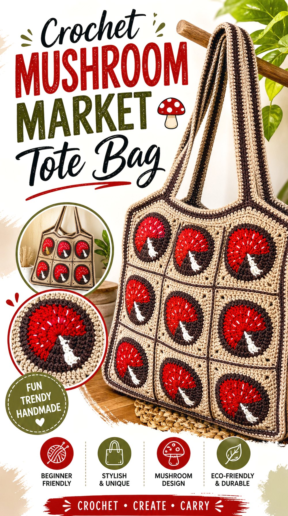 Crochet Mushroom Market Tote Bag