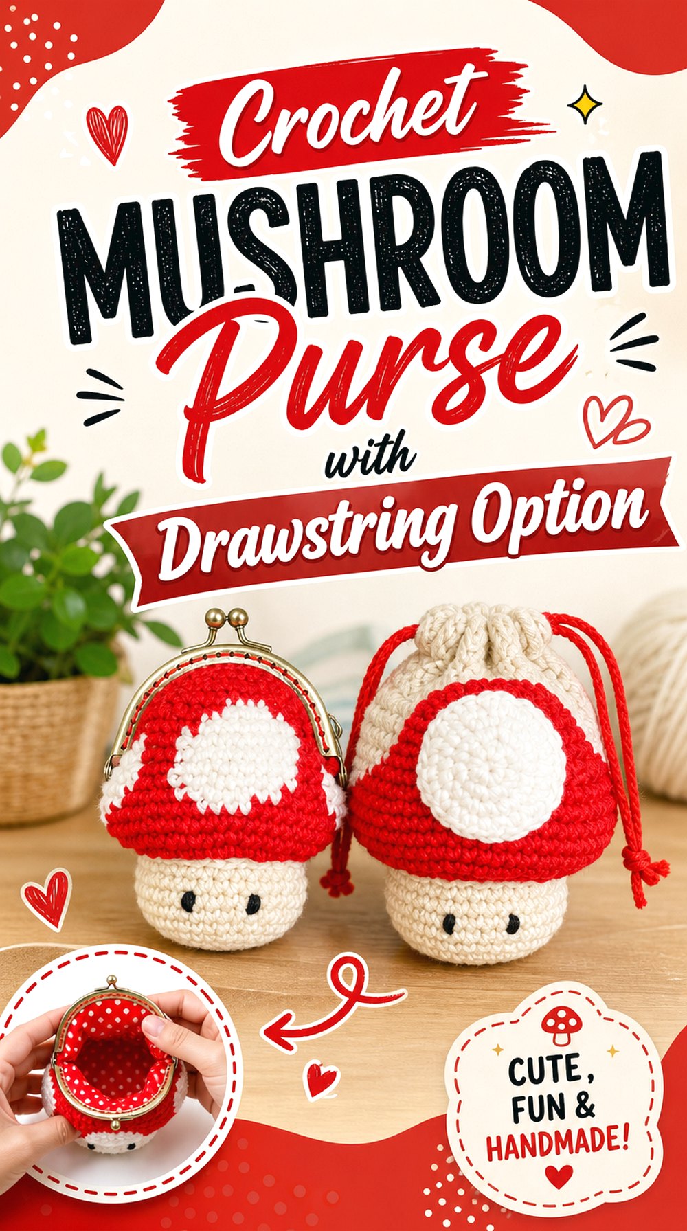 Crochet Mushroom Purse with Drawstring Option