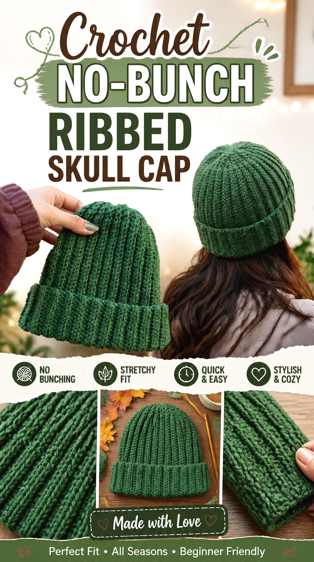Crochet No Bunch Ribbed Skull Cap