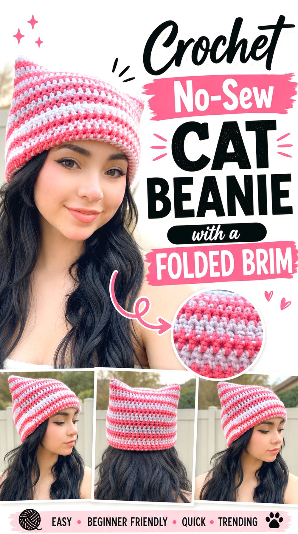 Crochet No Sew Cat Beanie with a Folded Brim