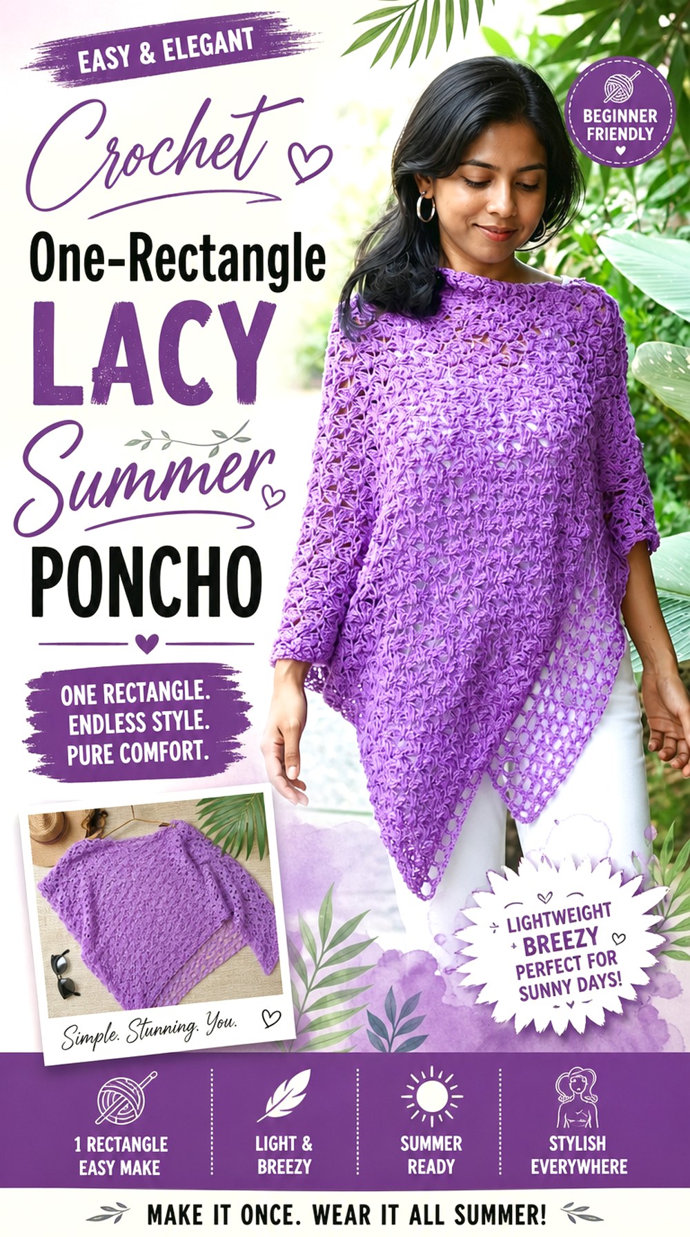 Crochet One Rectangle Lacy Summer Poncho
