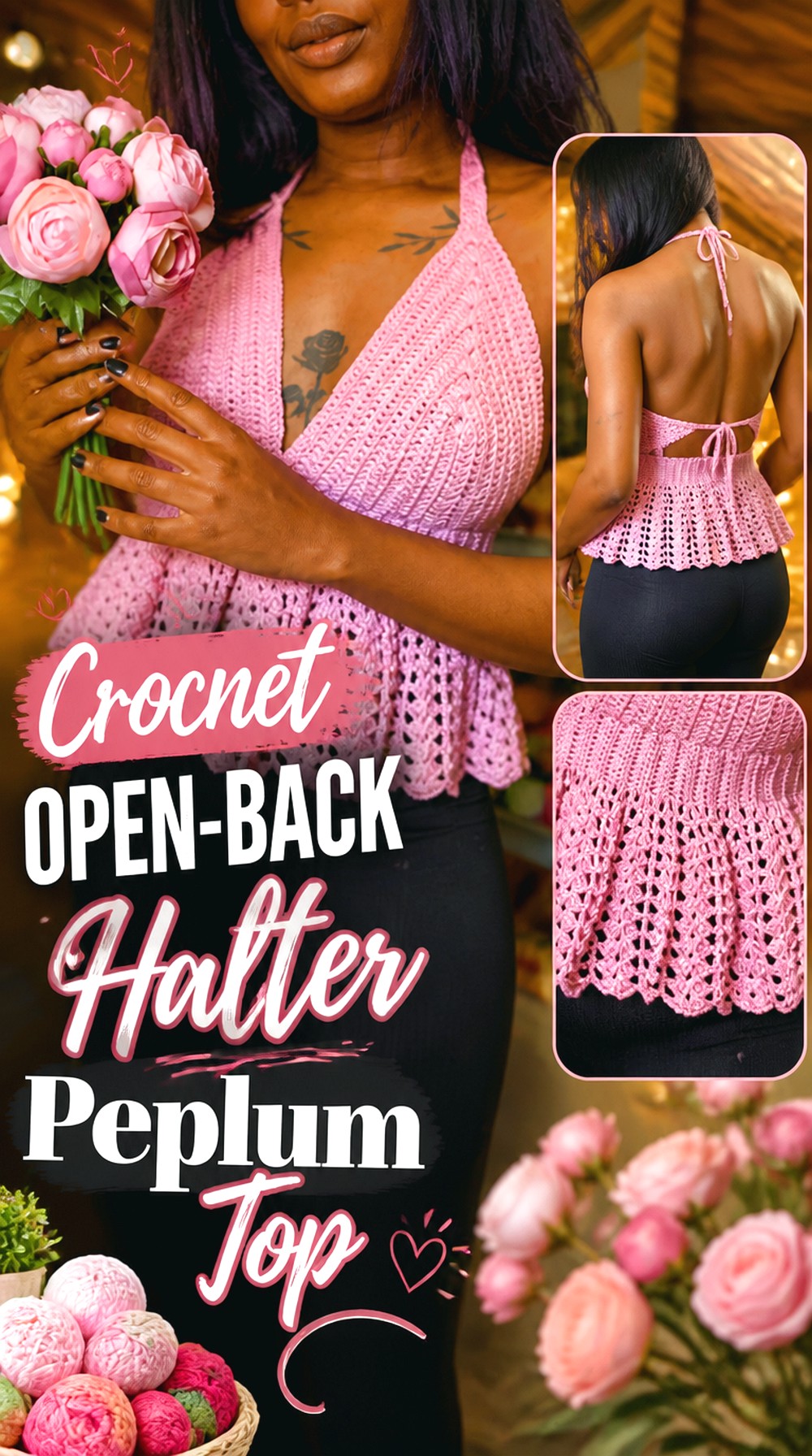 Crochet Open Back Halter Peplum Top
