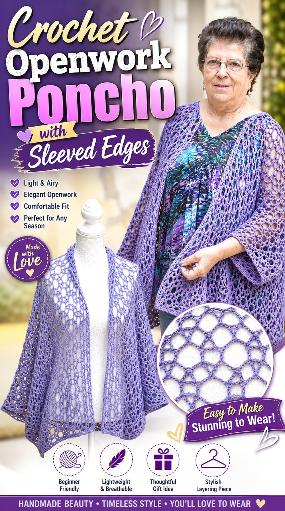 Crochet Openwork Poncho with Sleeved Edges