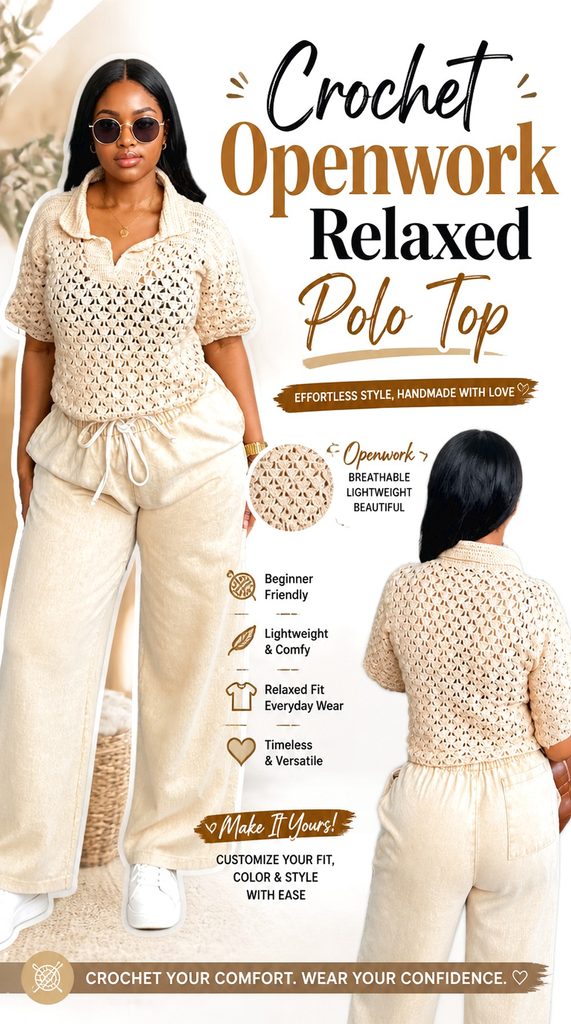 Crochet Openwork Relaxed Polo Top