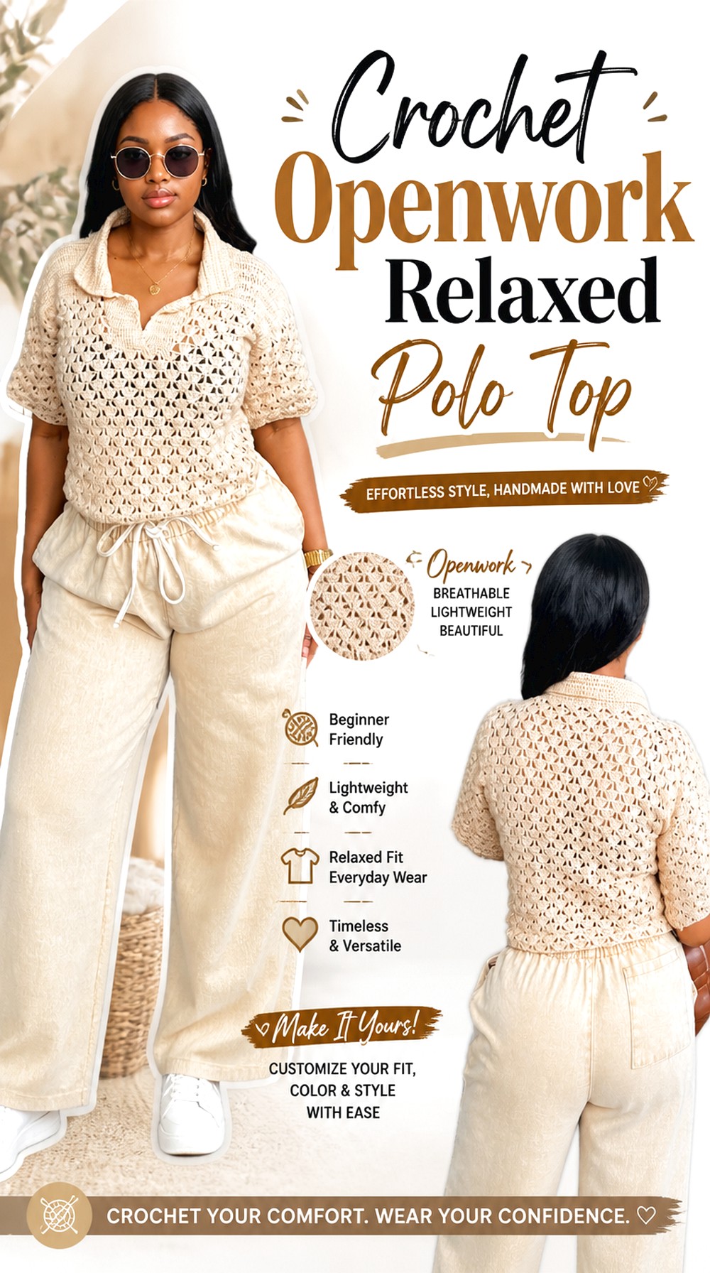 Crochet Openwork Relaxed Polo Top