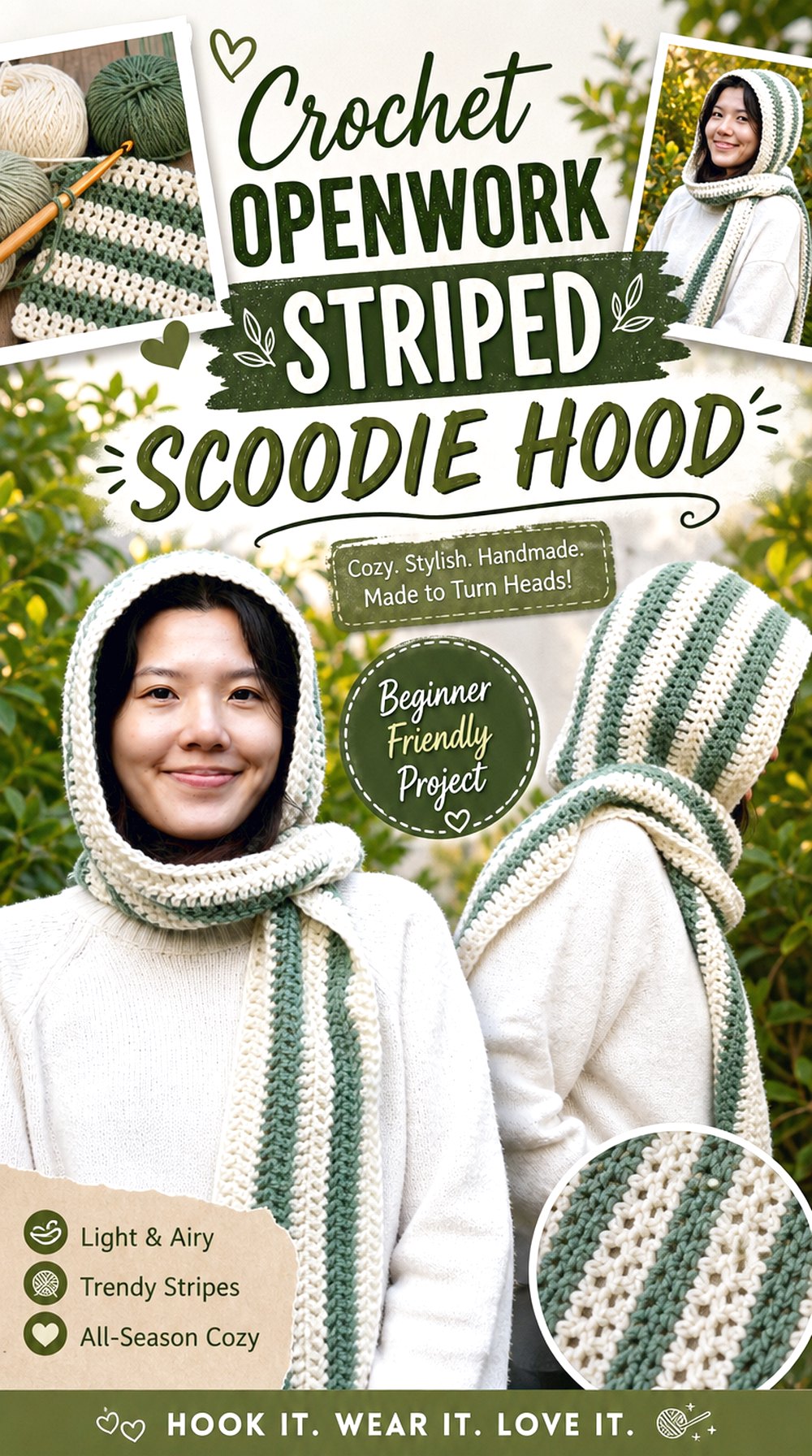 Crochet Openwork Striped Scoodie Hood