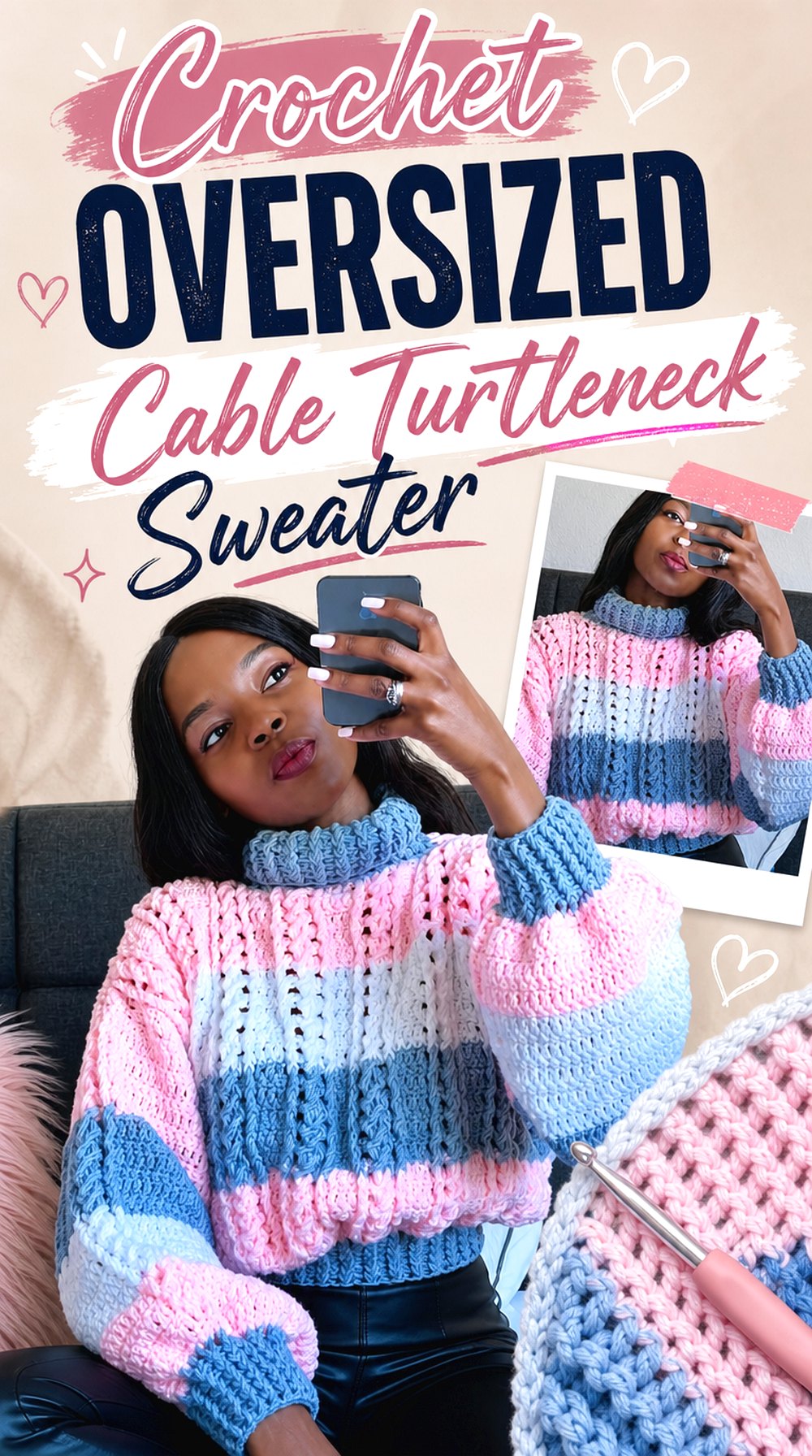 Crochet Oversized Cable Turtleneck Sweater
