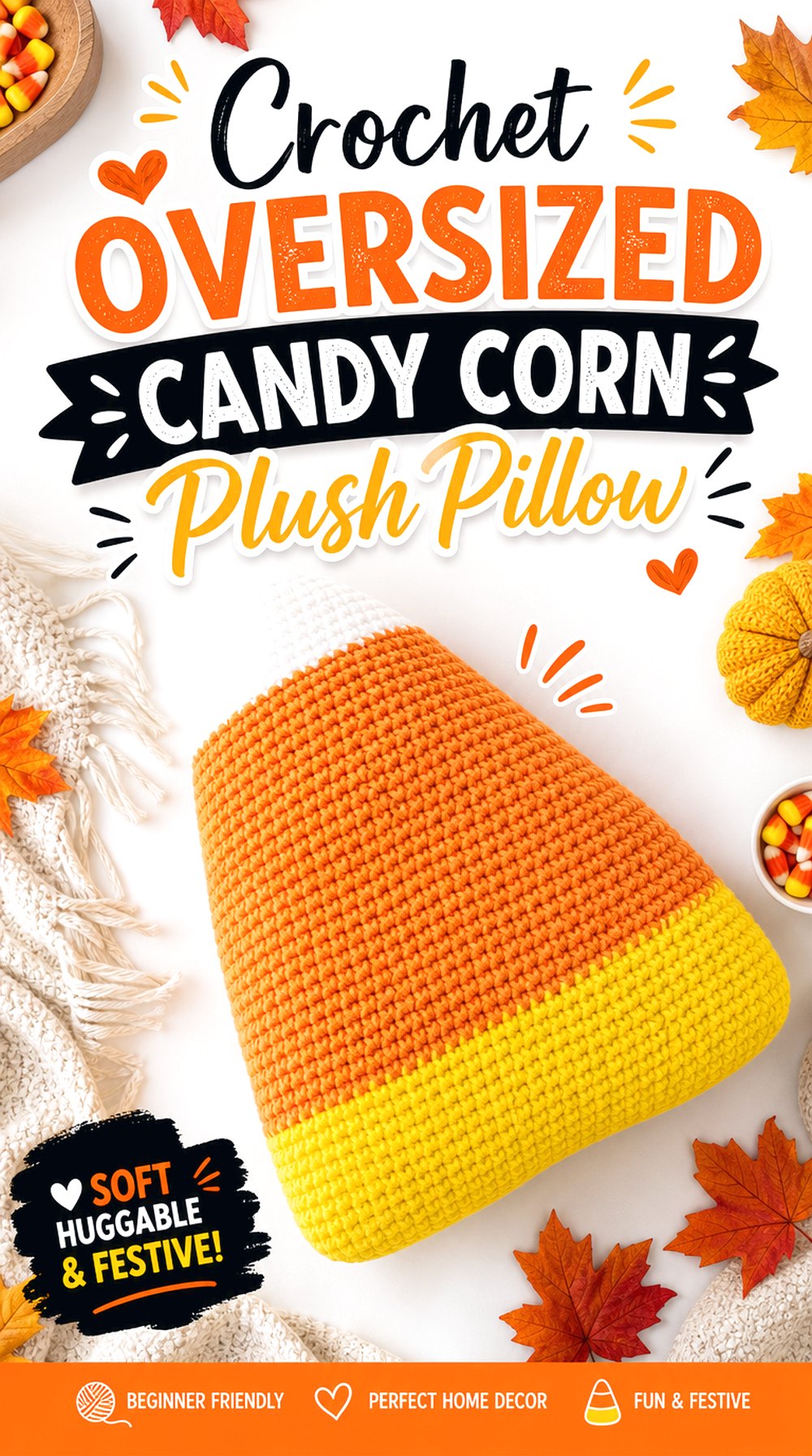 Crochet Oversized Candy Corn Plush Pillow