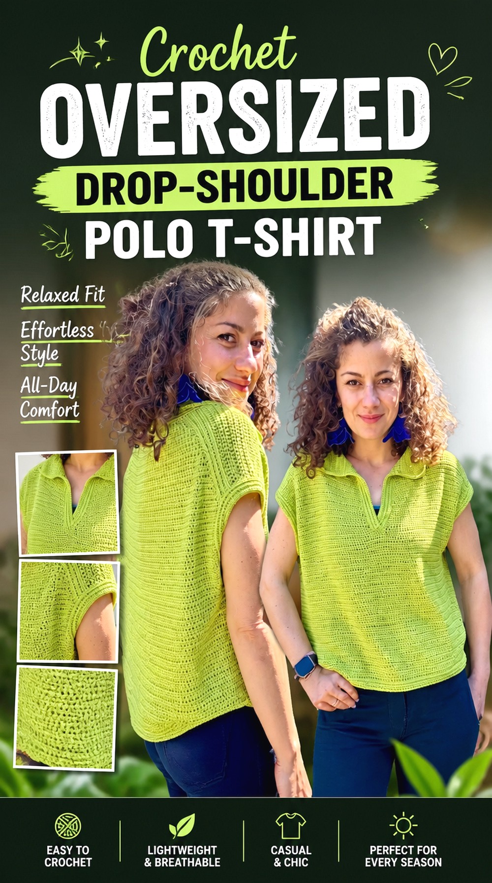Crochet Oversized Drop Shoulder Polo T Shirt