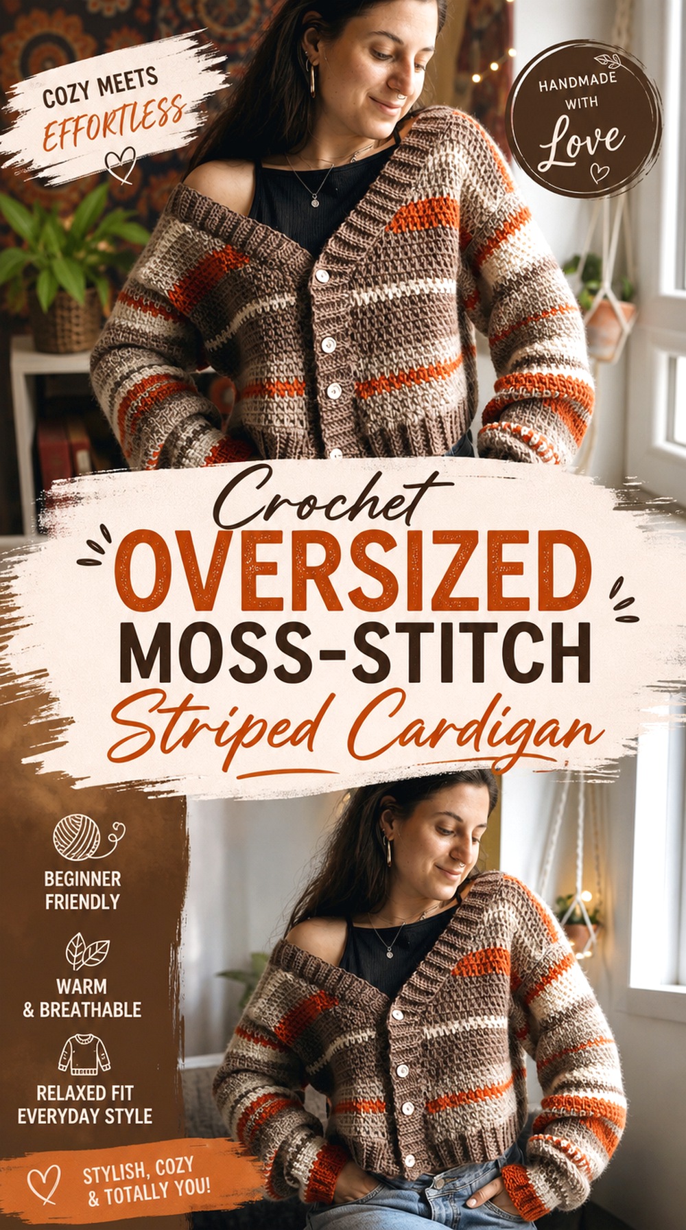 Crochet Oversized Moss Stitch Striped Cardigan