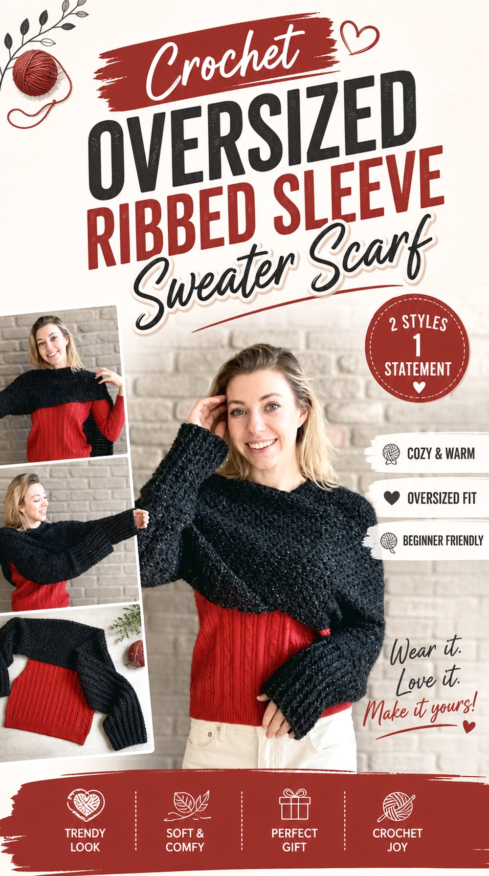 Crochet Oversized Ribbed Sleeve Sweater Scarf