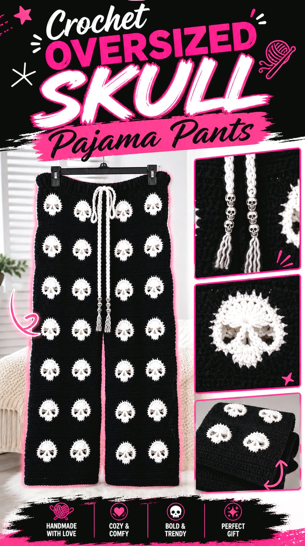 Crochet Oversized Skull Pajama Pants