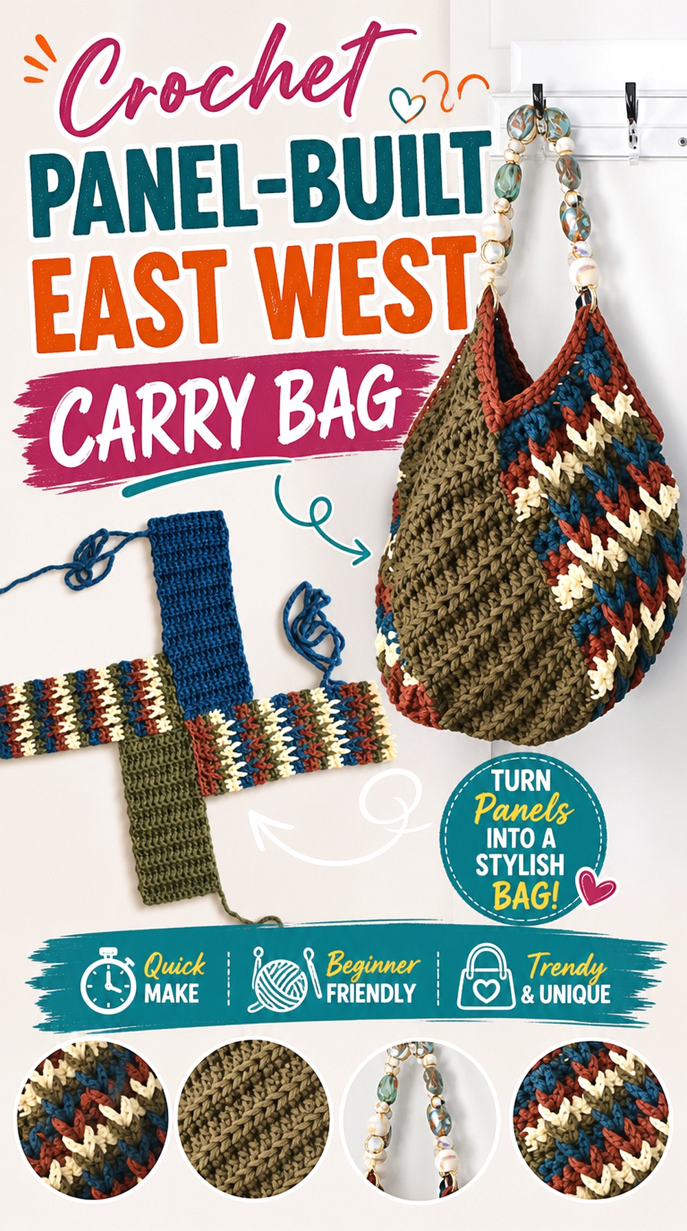 Crochet Panel Built East West Carry Bag