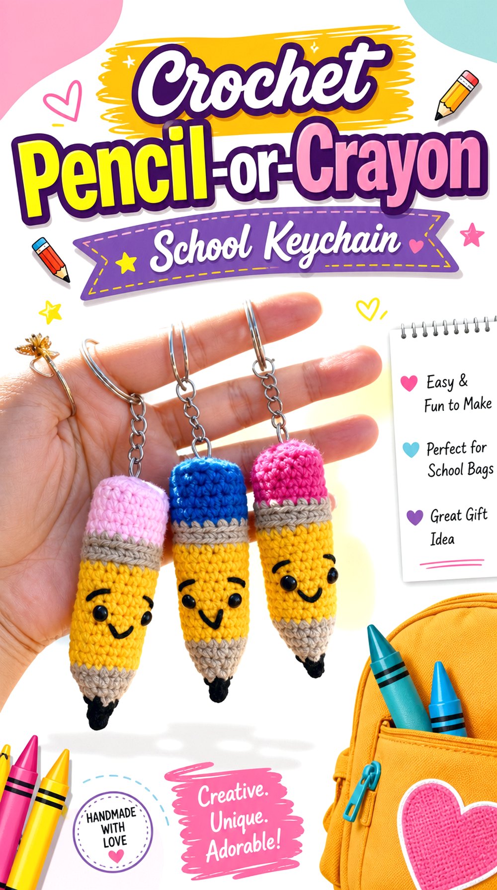 Crochet Pencil or Crayon School Keychain