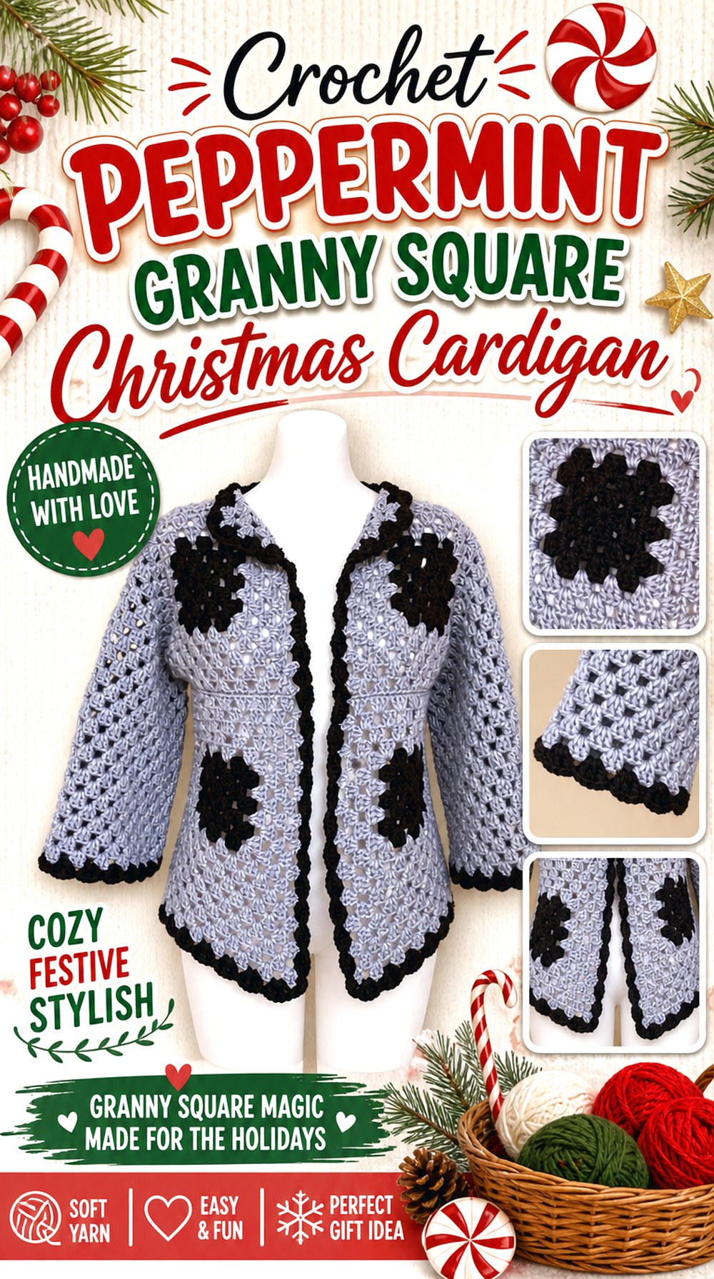 Crochet Peppermint Granny Square Christmas Cardigan